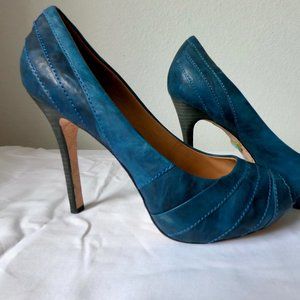 L.A.M.B. Tansy Blue Leather Peep Toe Platform Heel